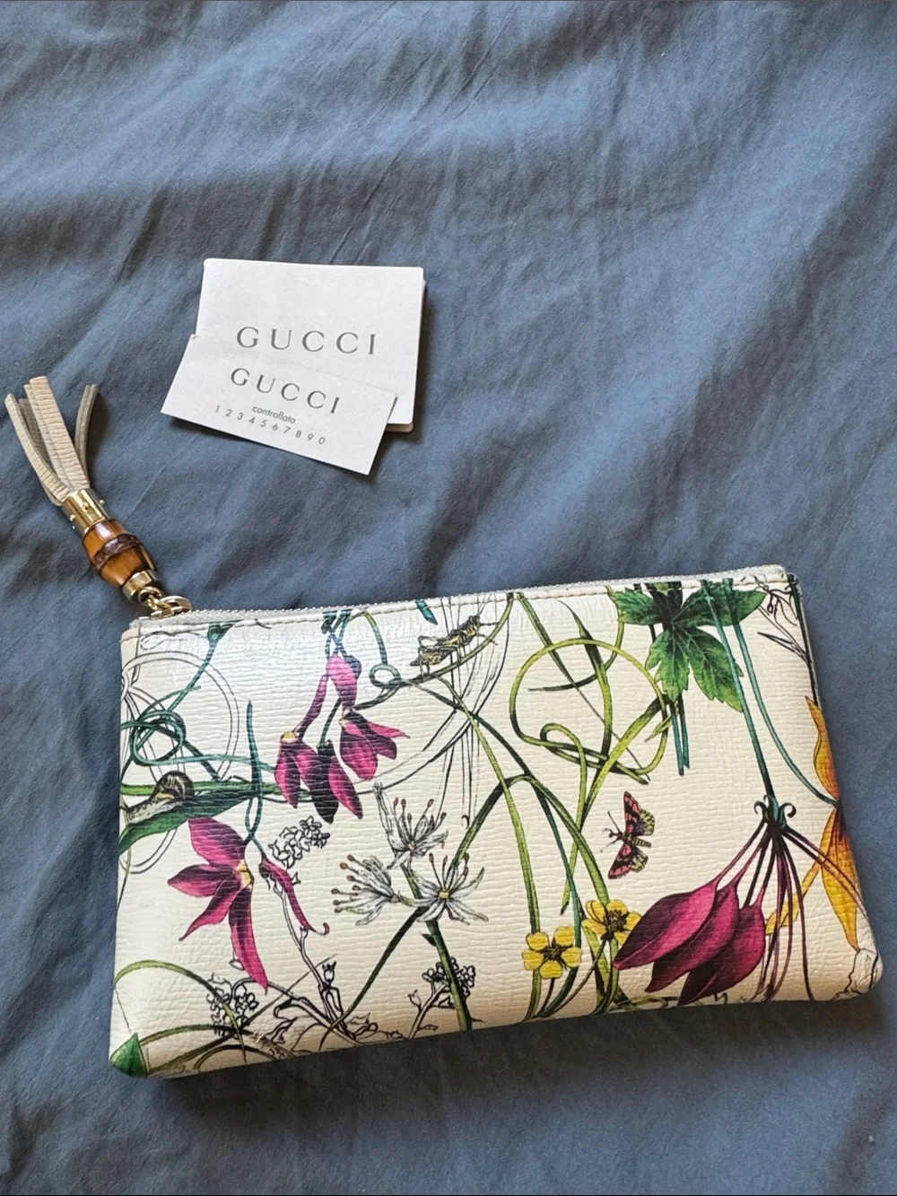 Gucci White Floral & Butterfly Zip Pouch with Tassel